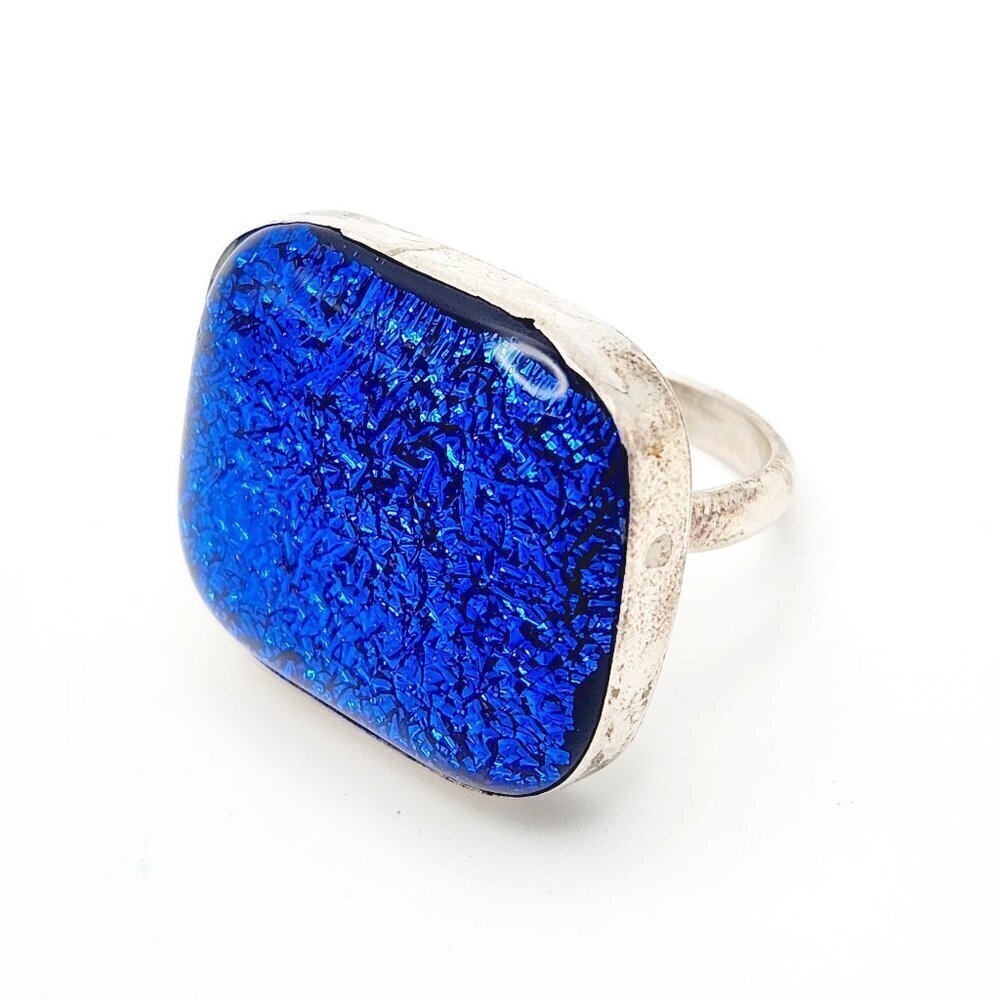 Blue Dichroic Art Glass Modernist 925 Sterling Silver Large Ring Sz. 8
